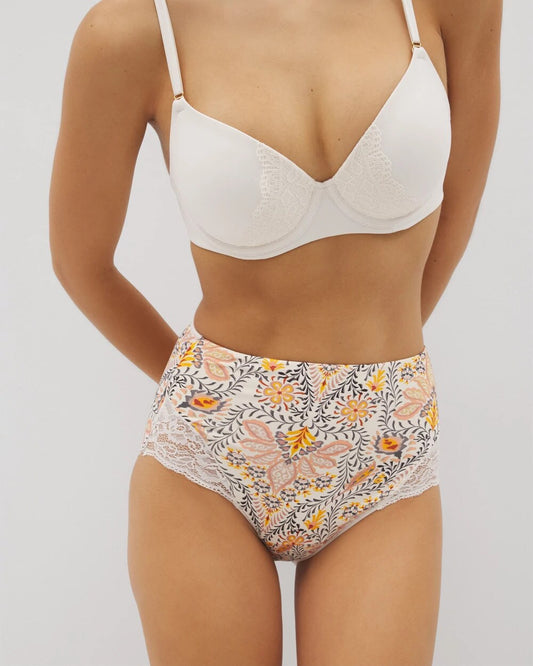 VINE PAISLEY CHAMPAGNE M Tummy High-Waist Brief Panty with Lace