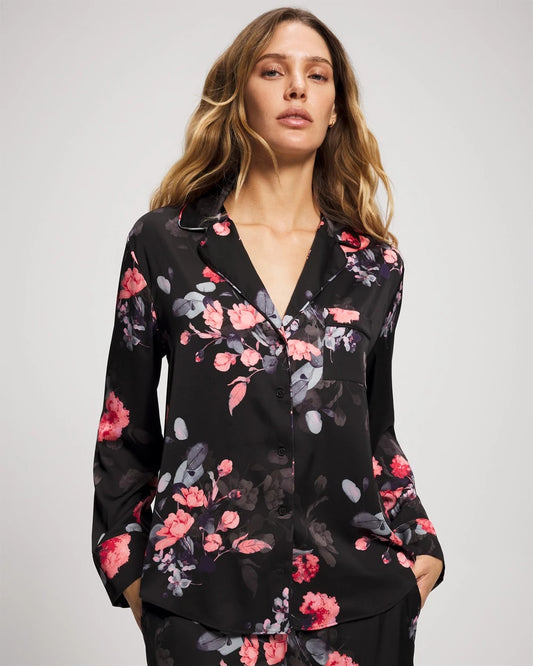 FLORAL DREAMS GRAND BLACK Long Sleeve Notch Collar Pajama Top