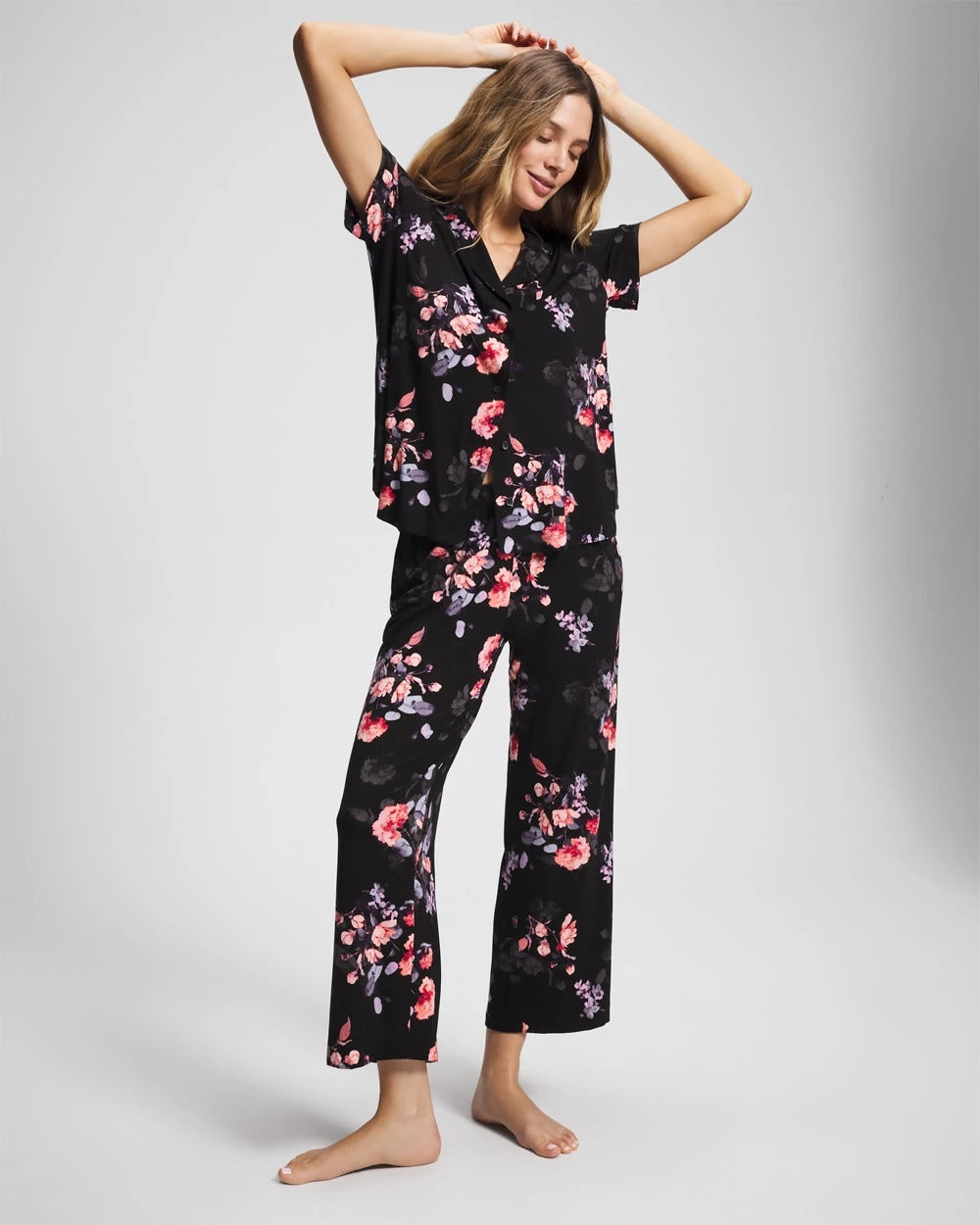 FLORAL DREAMS BLACK Short Sleeve Notch Collar Pajama Top
