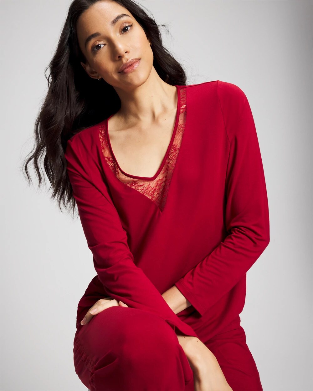 PAINT THE TOWN RED Lace Long Sleeve Pajama Top