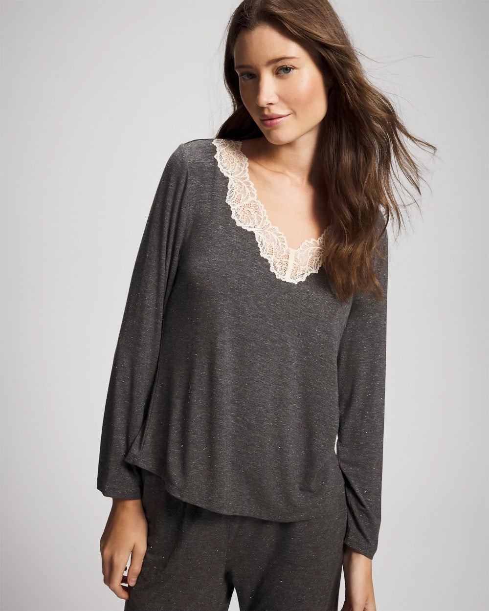 CHARCOAL HEATHER W/ SHINE Lace Trim Long Sleeve Pajama Top