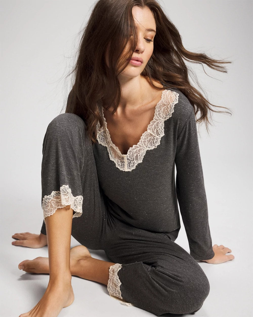 CHARCOAL HEATHER W/ SHINE Lace Trim Long Sleeve Pajama Top