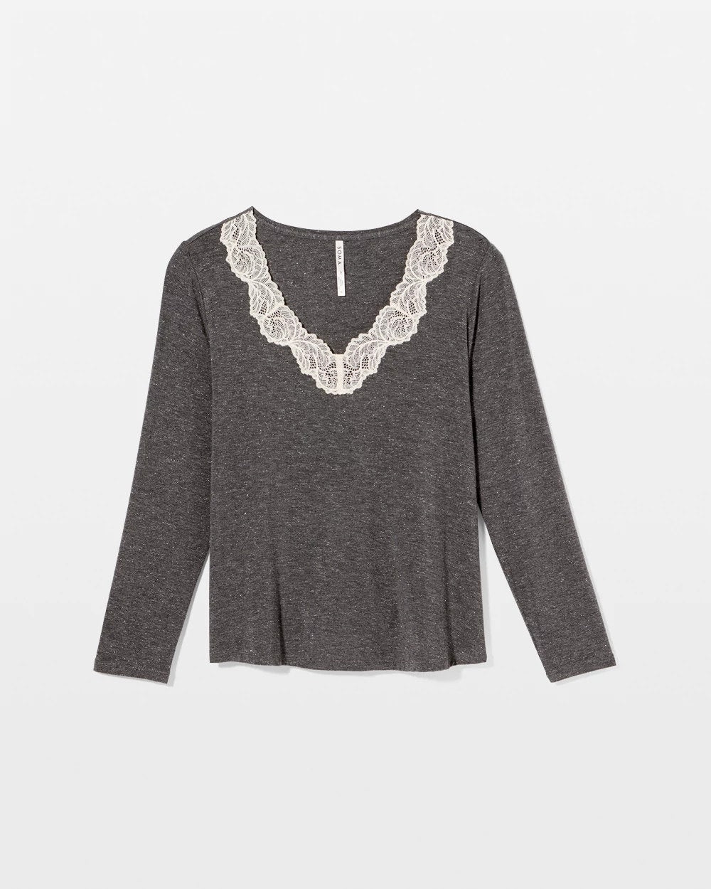CHARCOAL HEATHER W/ SHINE Lace Trim Long Sleeve Pajama Top