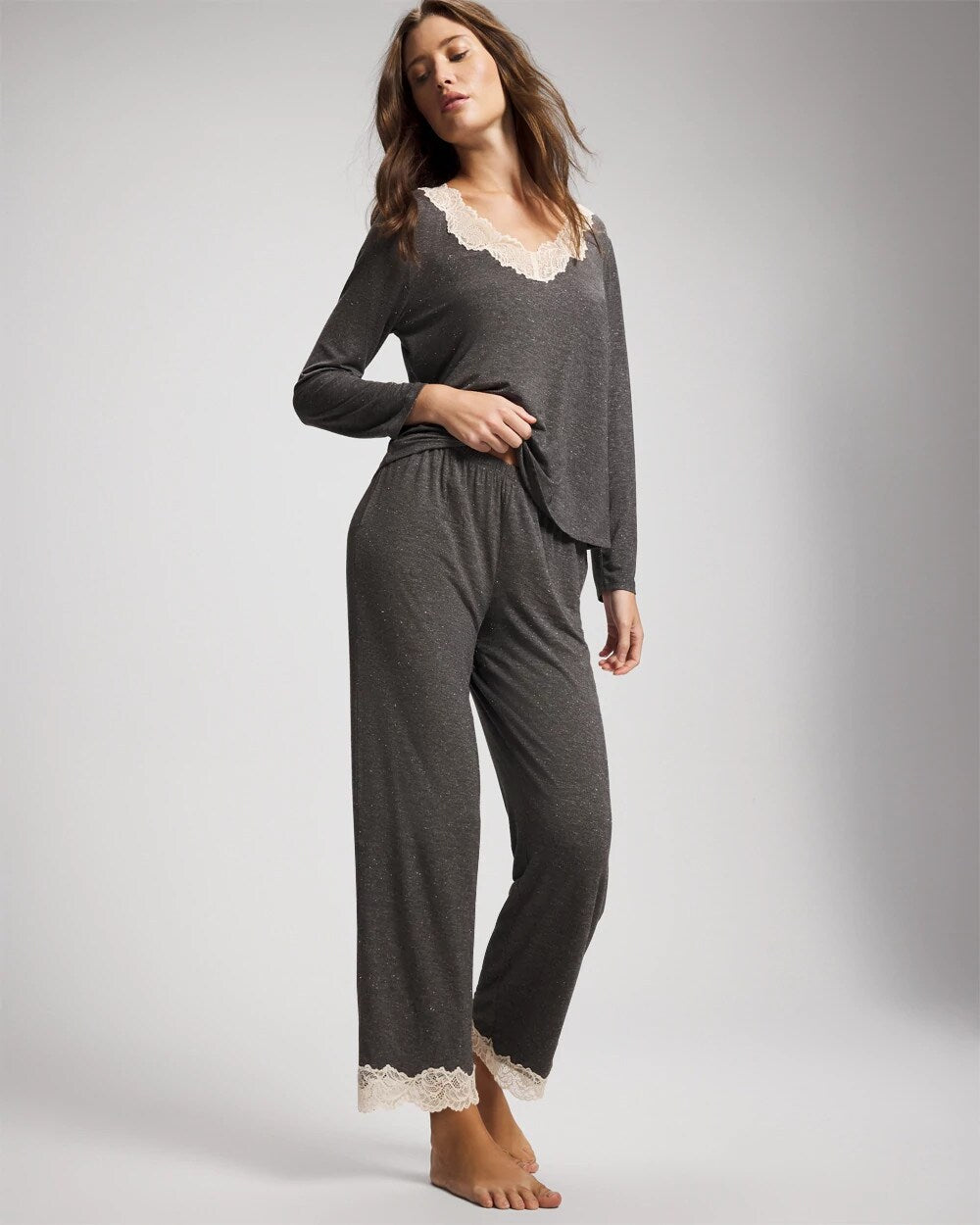 CHARCOAL HEATHER W/ SHINE Lace Trim Pajama Pant