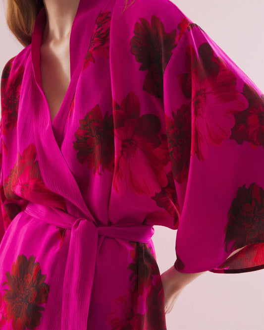 VA VA BLOOMS PINK Silk Chiffon Short Robe