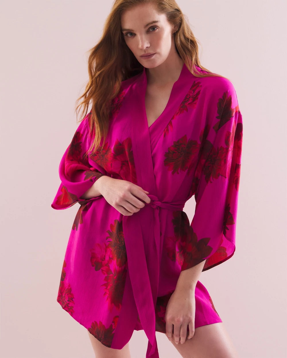 VA VA BLOOMS PINK Silk Chiffon Short Robe