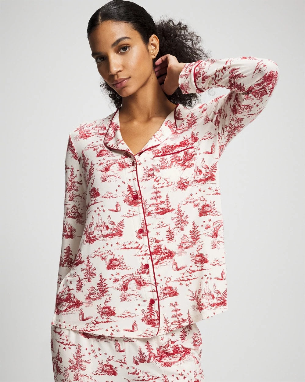 ENCHANTED TOILE CHAMPAGNE Piped Long-Sleeve Notch Pajama Top