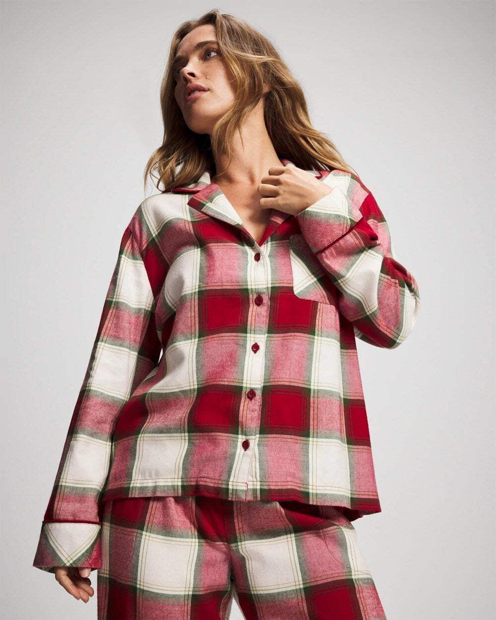 WINTER PLAID RED Long-Sleeve Notch Collar Pajama Top