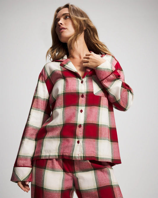 WINTER PLAID RED Long-Sleeve Notch Collar Pajama Top