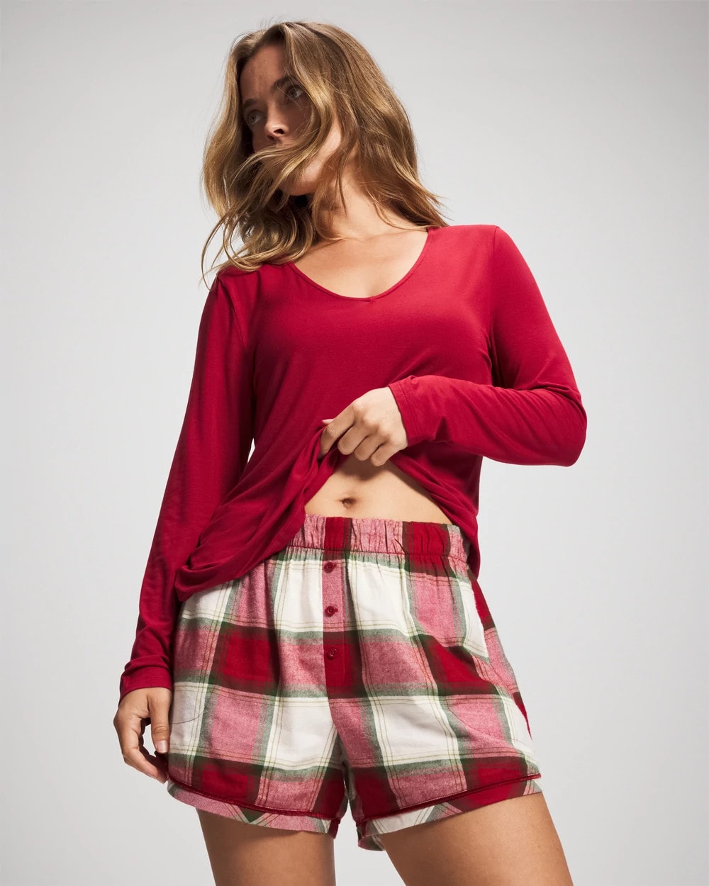 WINTER PLAID RED Velvet Piped Boxer Pajama Short