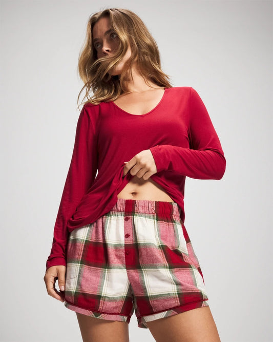 WINTER PLAID RED Velvet Piped Boxer Pajama Short