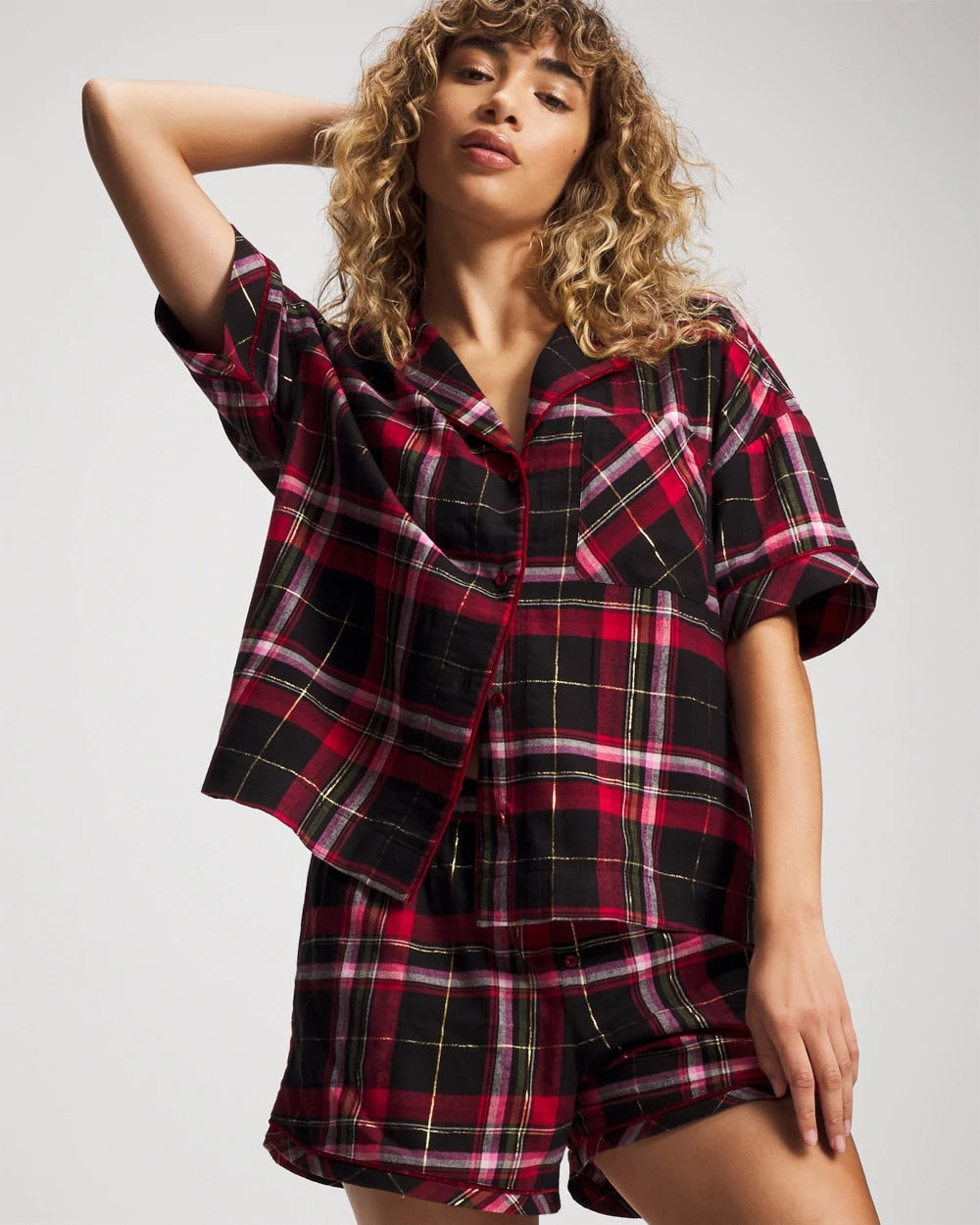 MAD FOR PLAID BLACK Short Sleeve Notch Collar Pajama Top