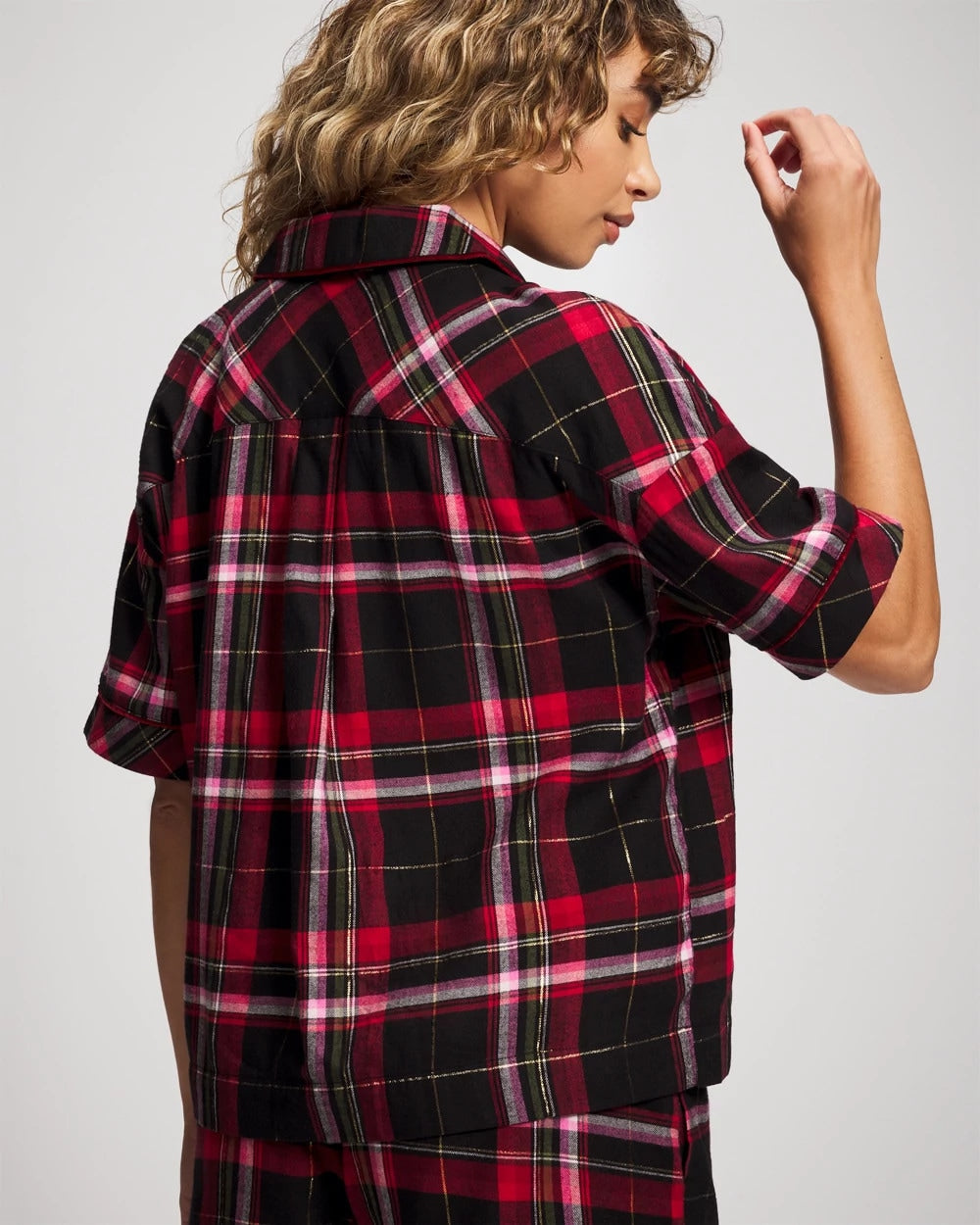 MAD FOR PLAID BLACK Short Sleeve Notch Collar Pajama Top