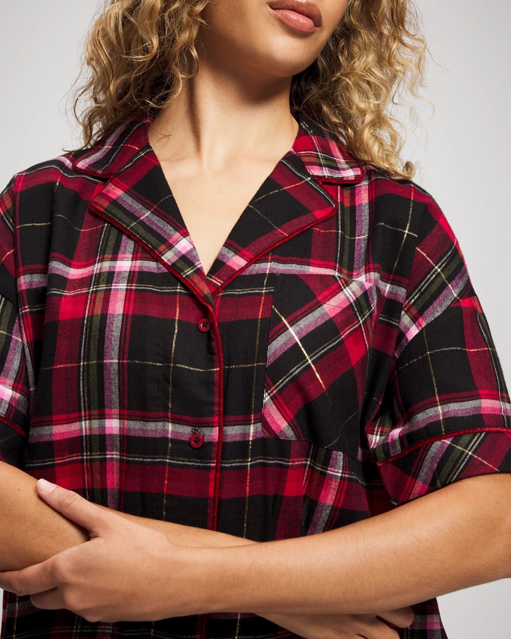 MAD FOR PLAID BLACK Short Sleeve Notch Collar Pajama Top