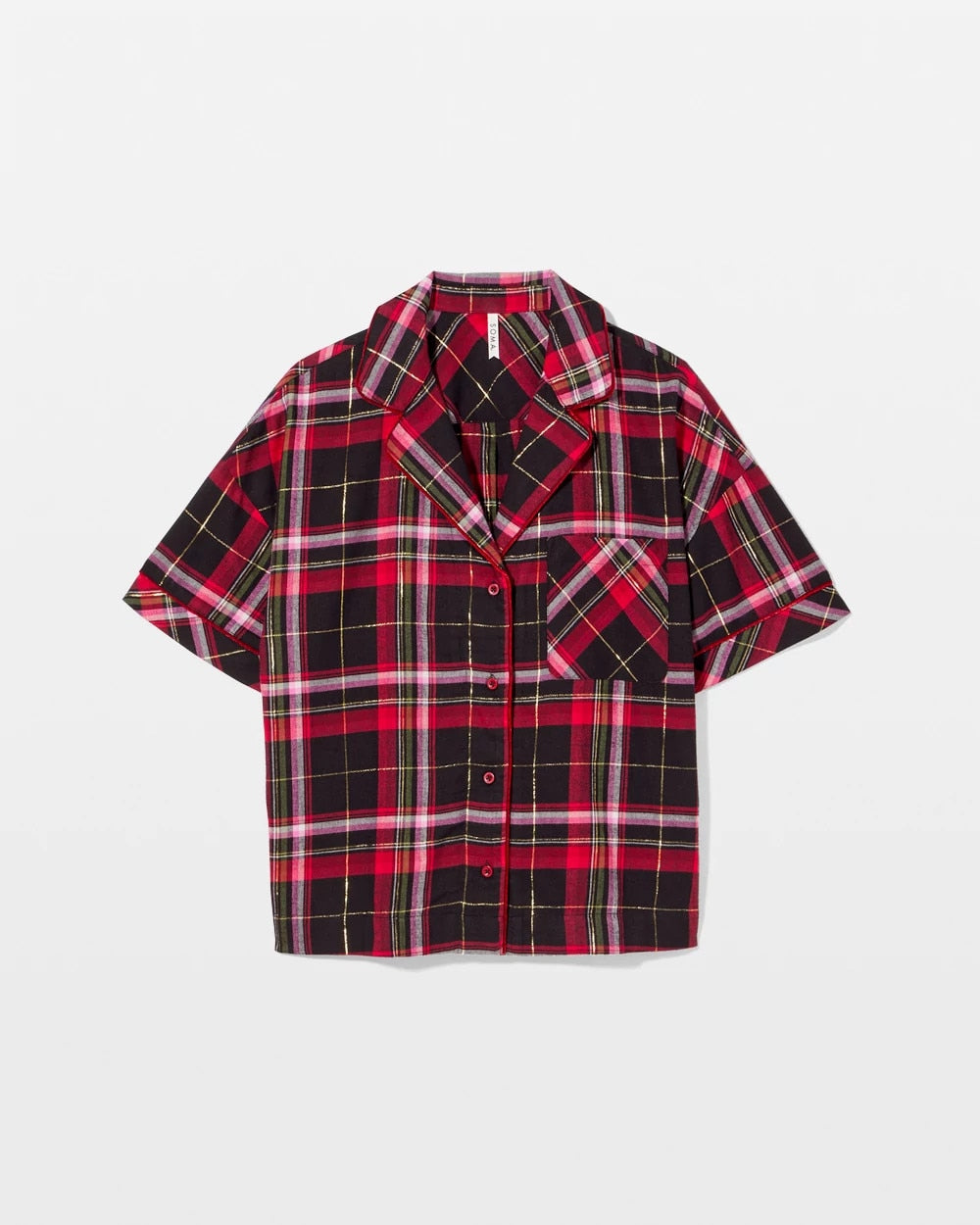 MAD FOR PLAID BLACK Short Sleeve Notch Collar Pajama Top
