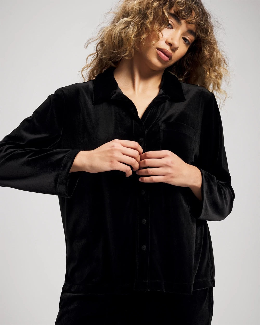 BLACK Velvet Long Sleeve Notch Collar Pajama Top