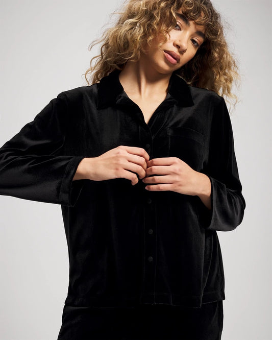 BLACK Velvet Long Sleeve Notch Collar Pajama Top