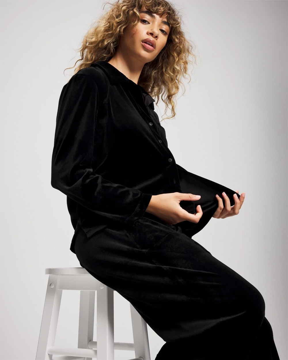 BLACK Velvet Long Sleeve Notch Collar Pajama Top