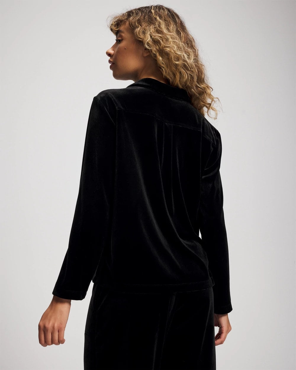 BLACK Velvet Long Sleeve Notch Collar Pajama Top