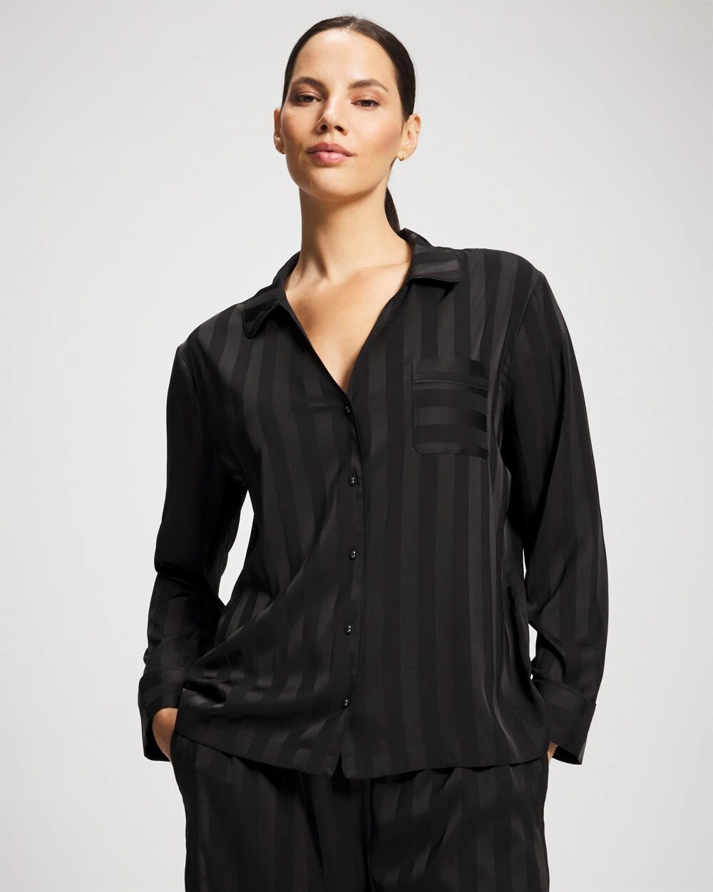 BLACK Shadow Stripe Long Sleeve Pajama Notch Collar Top