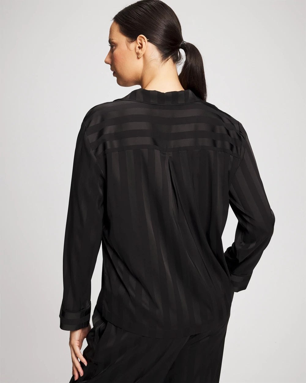 BLACK Shadow Stripe Long Sleeve Pajama Notch Collar Top