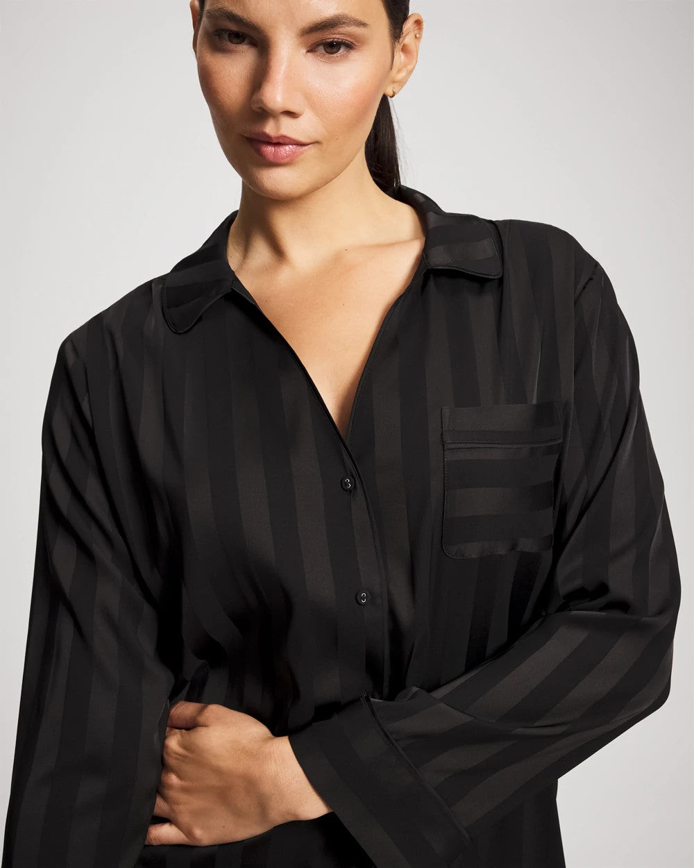 BLACK Shadow Stripe Long Sleeve Pajama Notch Collar Top