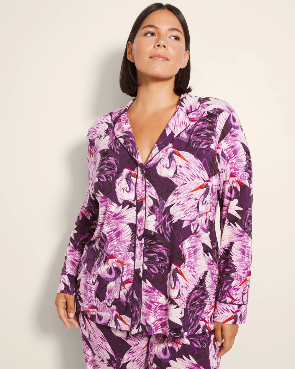 COURTING CRANES BLKBRY Long-Sleeve Printed Notch Collar Pajama Top
