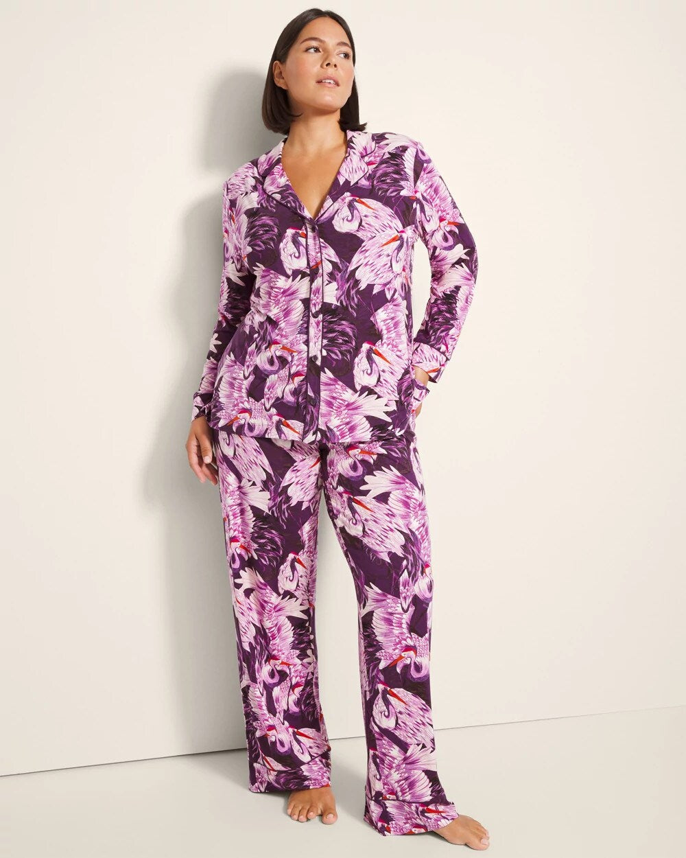 COURTING CRANES BLKBRY Long-Sleeve Printed Notch Collar Pajama Top