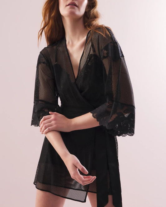 BLACK Robe with Mesh and Lace
