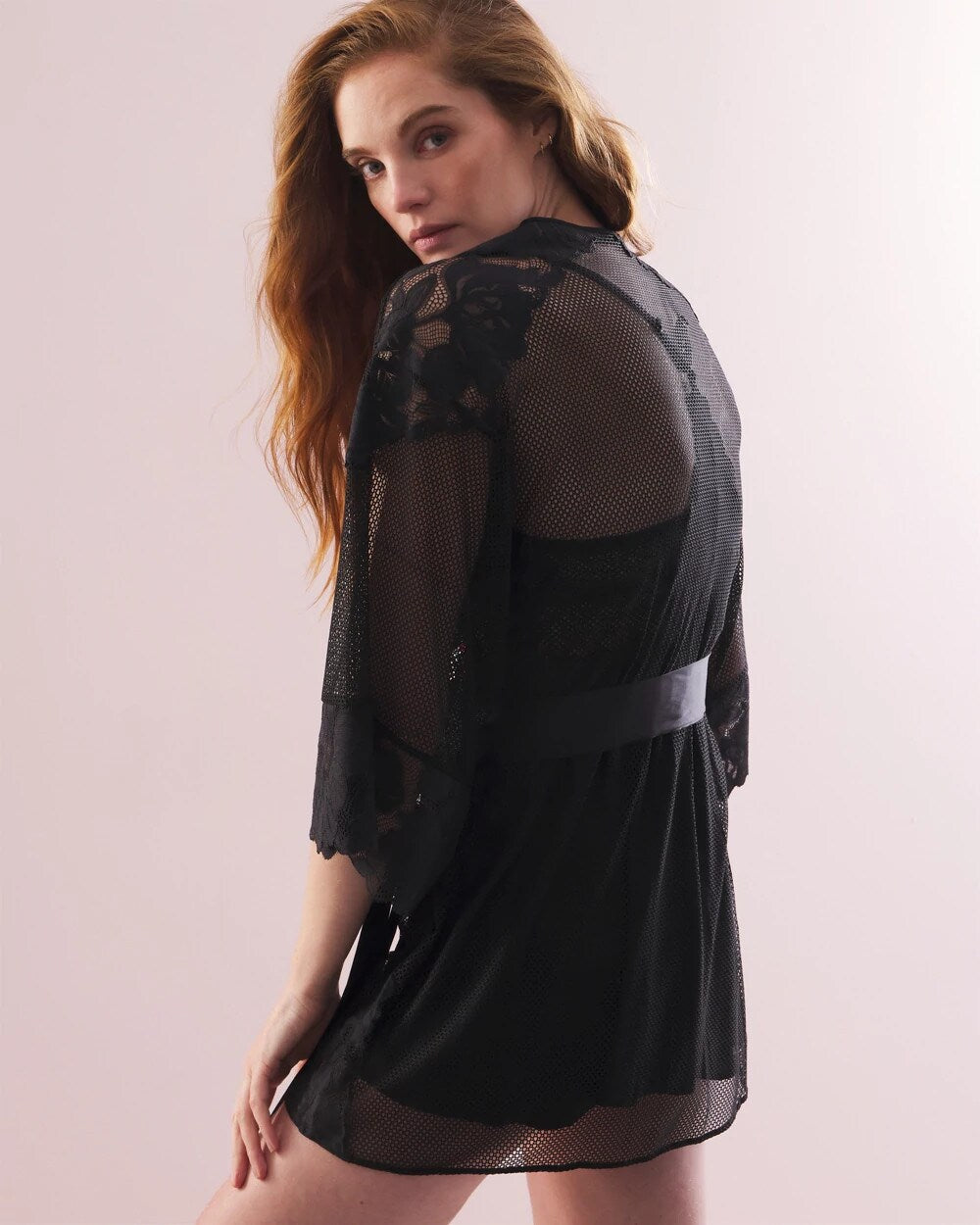 BLACK Robe with Mesh and Lace