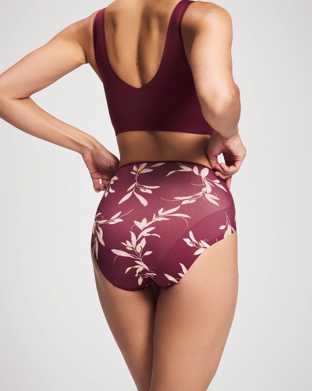 LUXURIOUS LEAVES M PLUM Tummy High-Leg Brief Panty with Lace