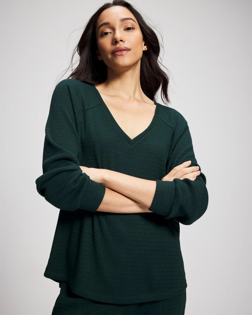 GREEN JOLIE Cozy Waffle Long Sleeve V-Neck Pajama Top