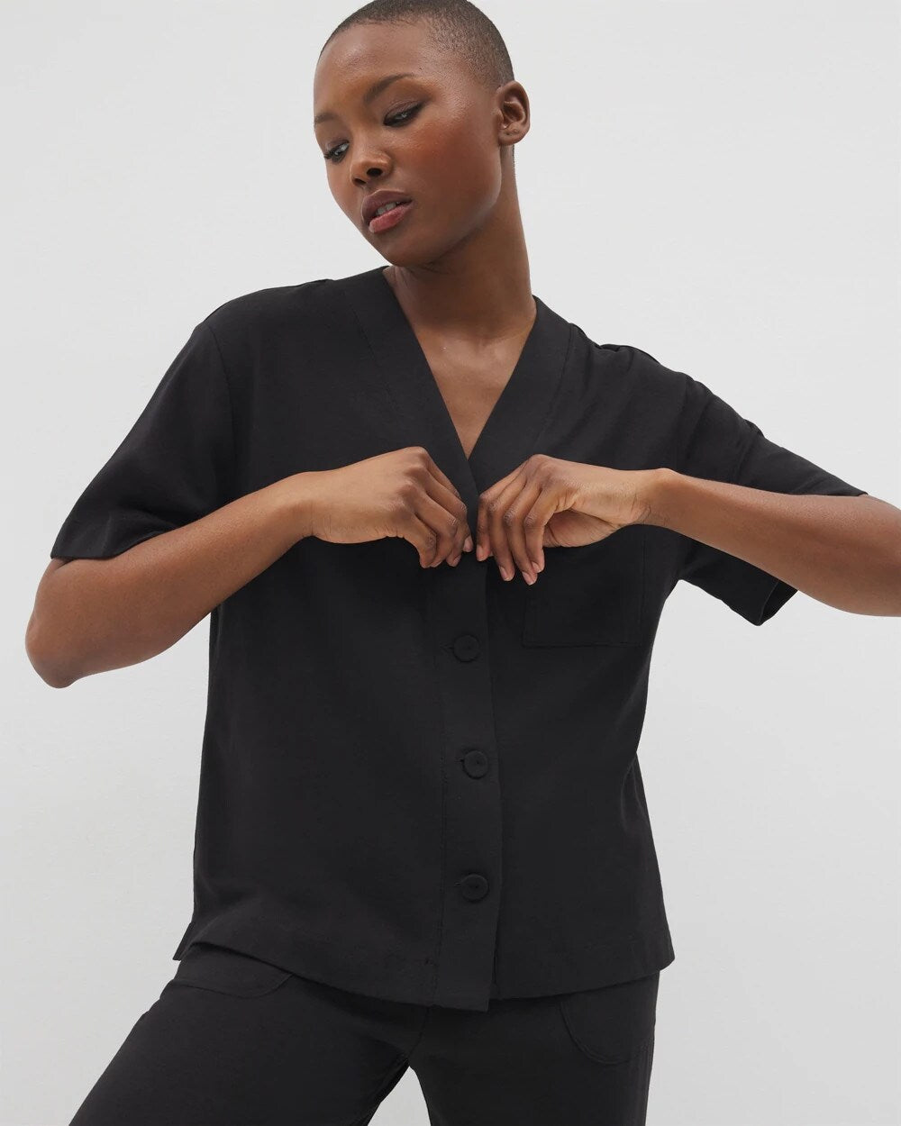 BLACK Button-Front Pajama Tee