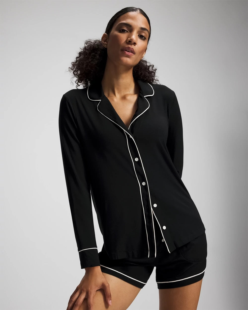 BLACK Long-Sleeve Notch Collar Pajama Top