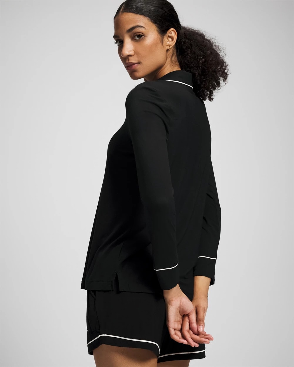 BLACK Long-Sleeve Notch Collar Pajama Top