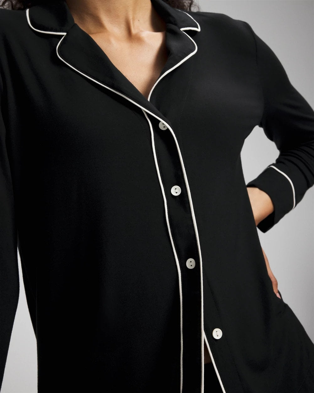 BLACK Long-Sleeve Notch Collar Pajama Top