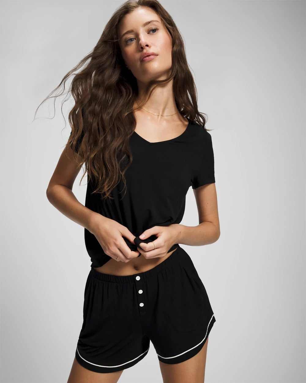 BLACK Solid Piped Pajama Shorts