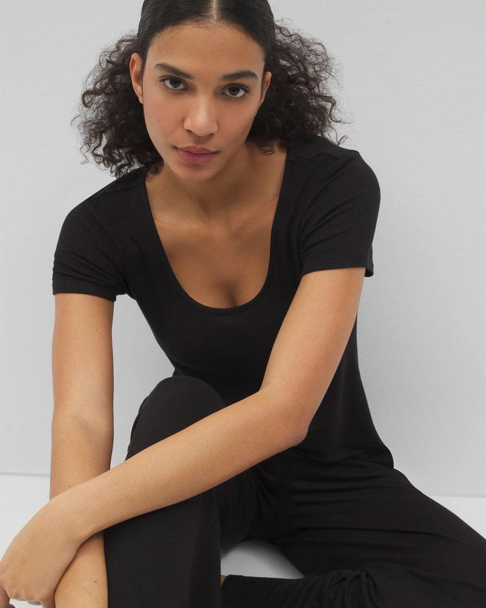 BLACK Lightweight Rib Knit Short Sleeve Pajama Tee