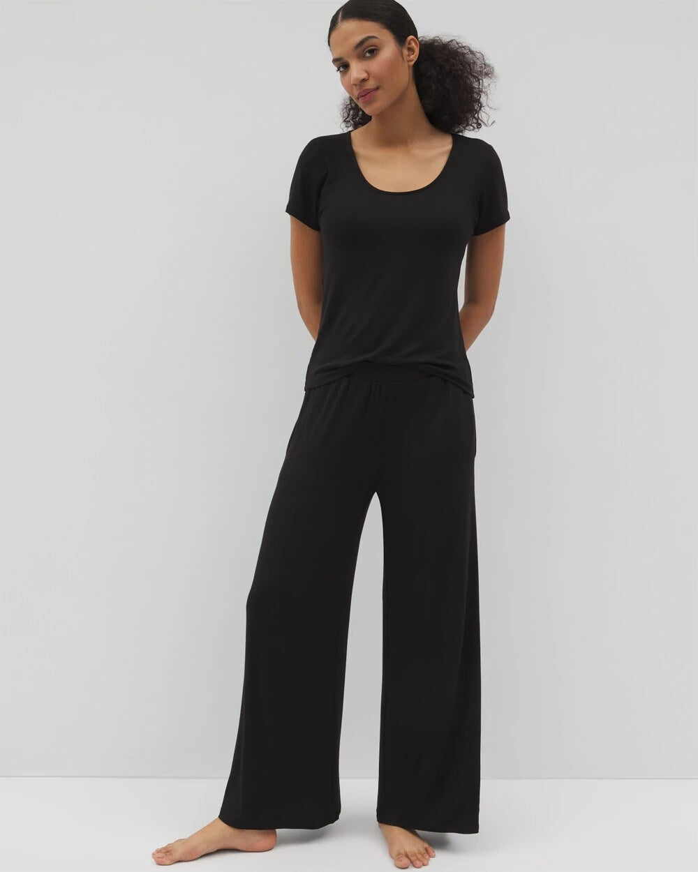 BLACK Lightweight Rib Knit Wide Leg Pajama Pants