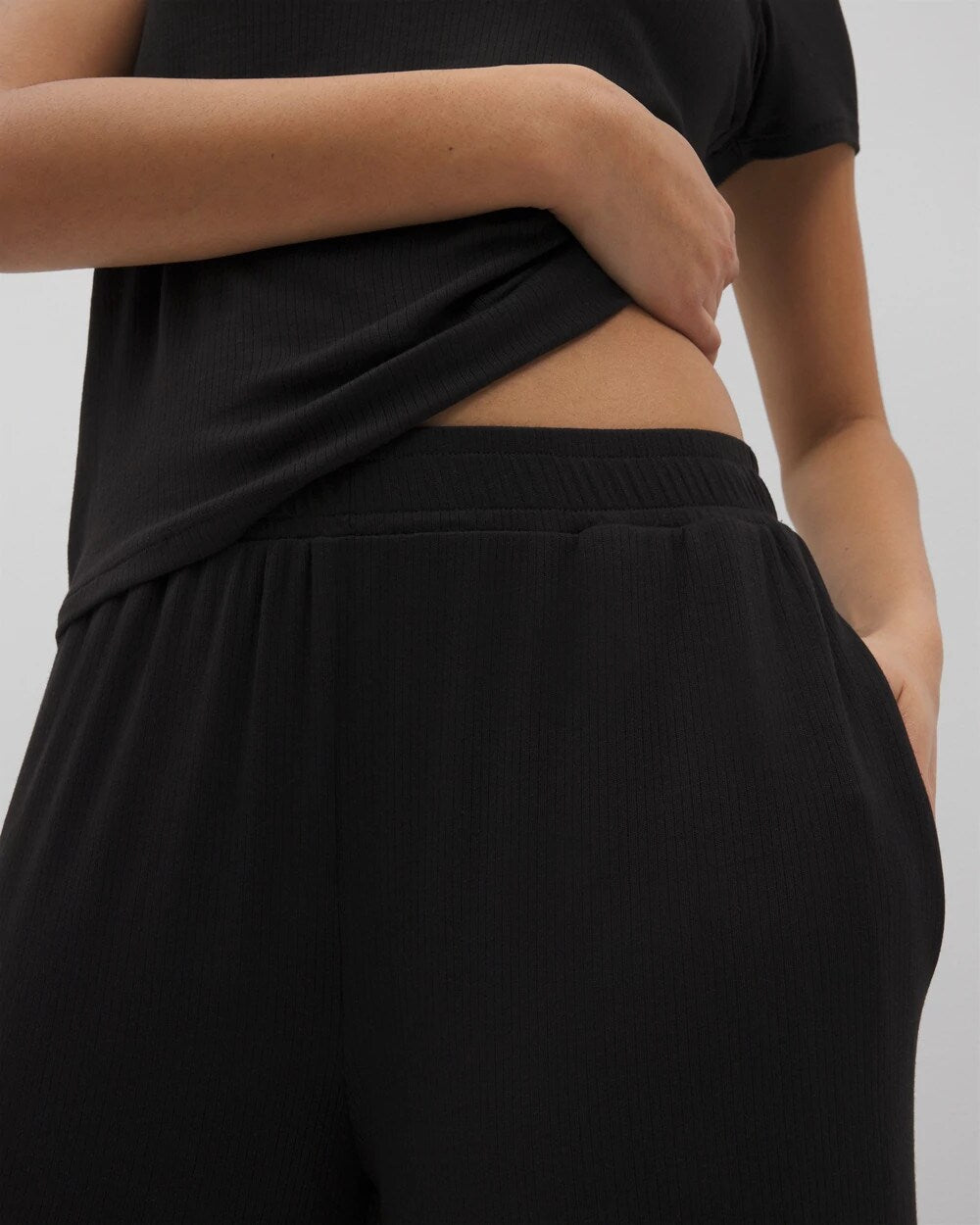 BLACK Lightweight Rib Knit Wide Leg Pajama Pants