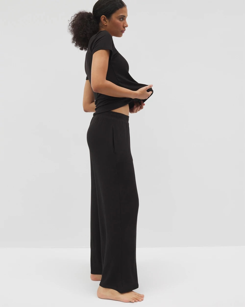 BLACK Lightweight Rib Knit Wide Leg Pajama Pants