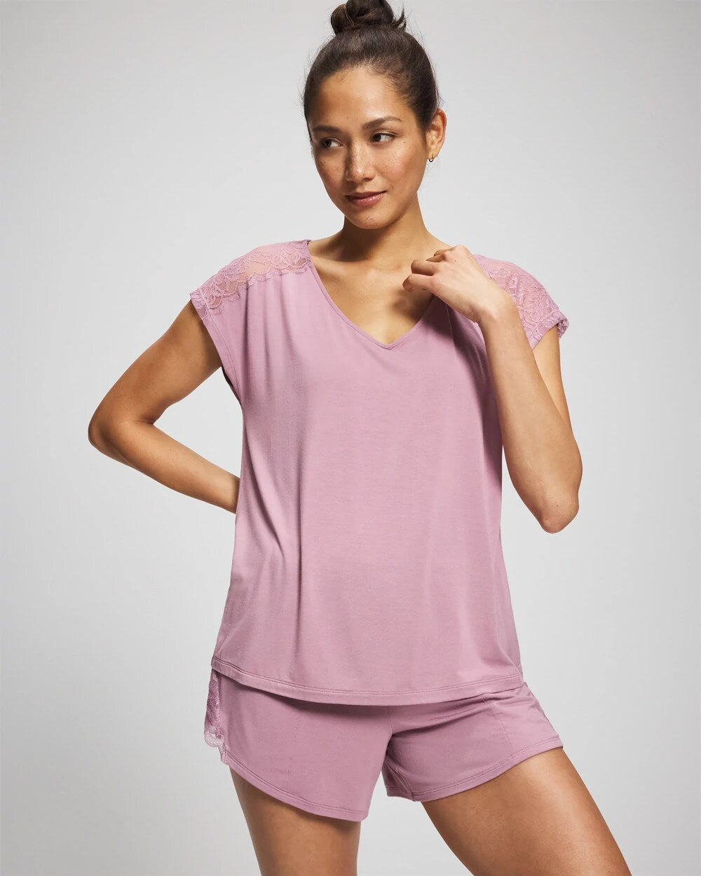 LILAC WINE Short Sleeve Lace Pajama Tee