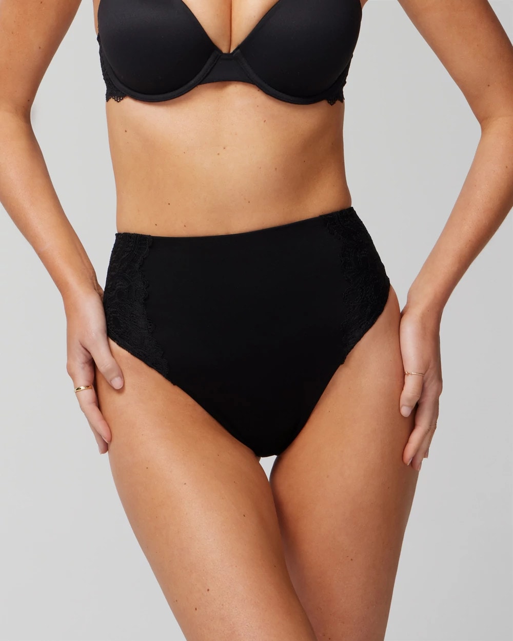 BLACK High-Waist Thong Panty With Lace
