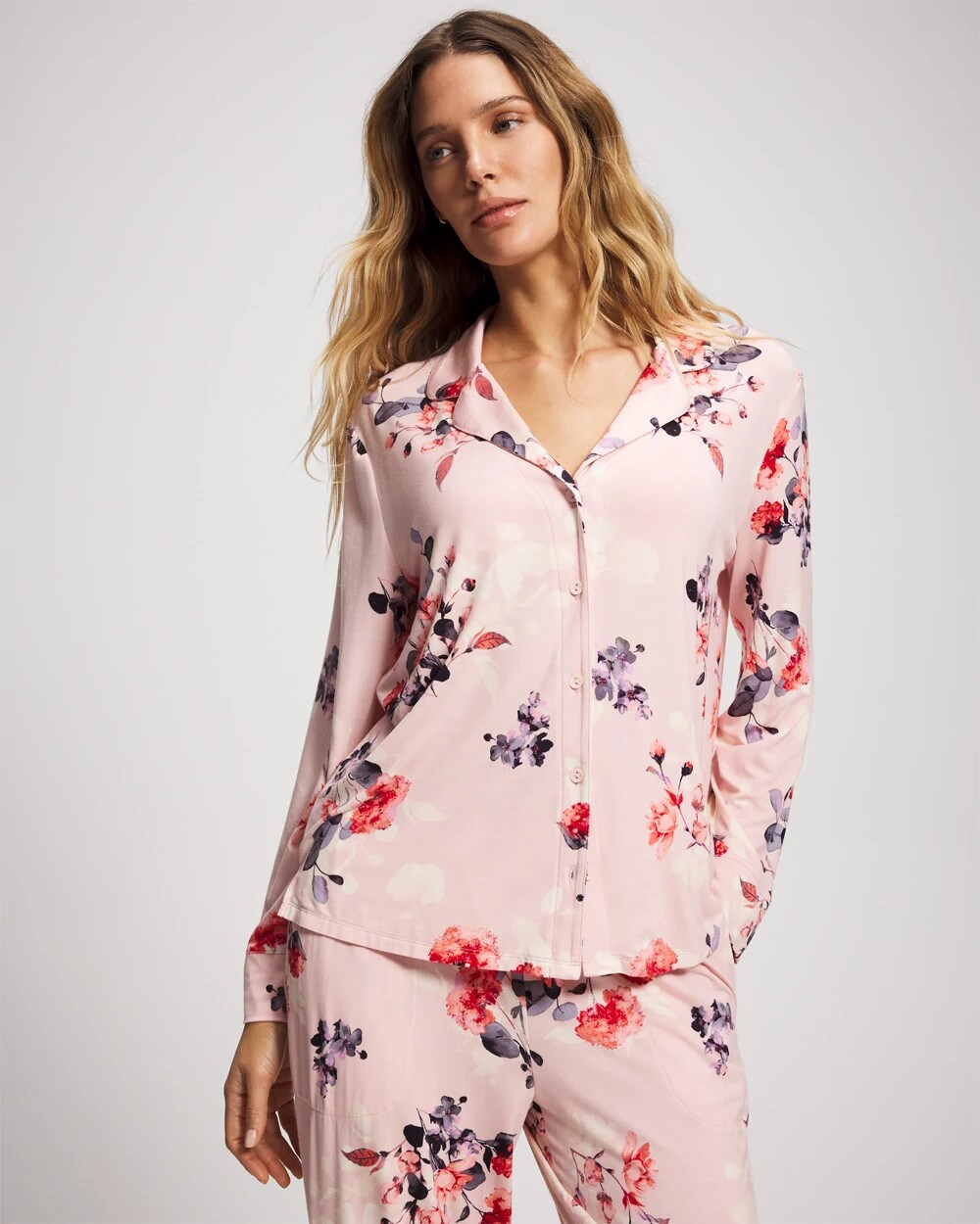 FLORAL DREAMS PINK BLUSH Long Sleeve Notch Collar
