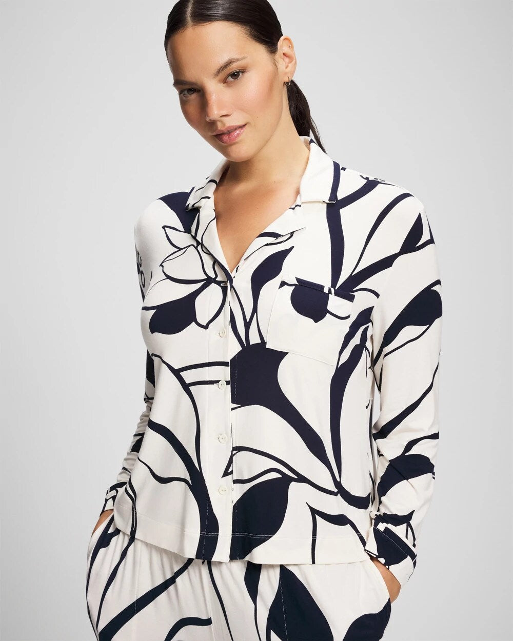 NOUVEAU FLORA CHAMP Long-Sleeve Notch Collar Pajama Top