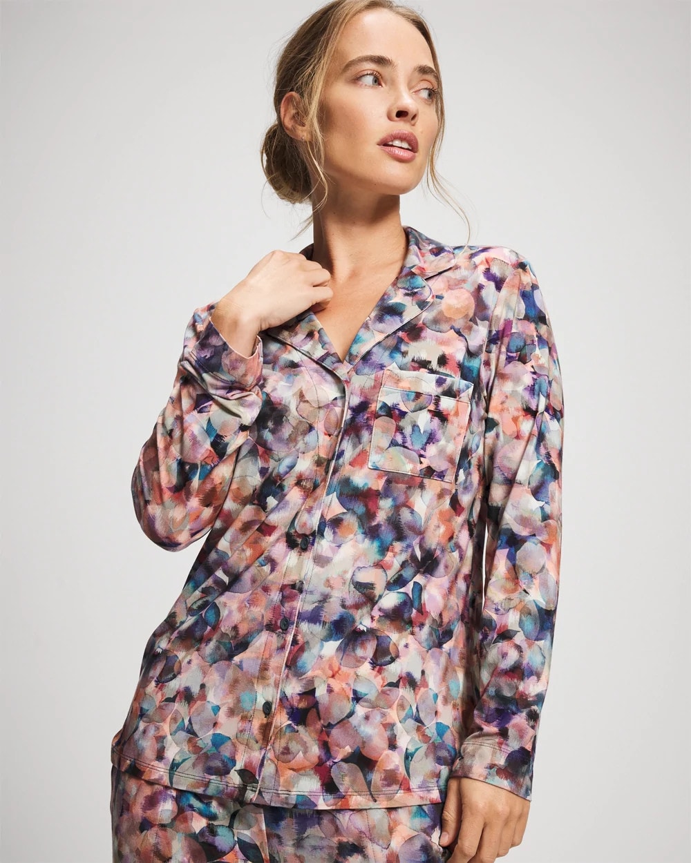 PETAL MOSAIC PETROL Long-Sleeve Notch Collar Pajama Top
