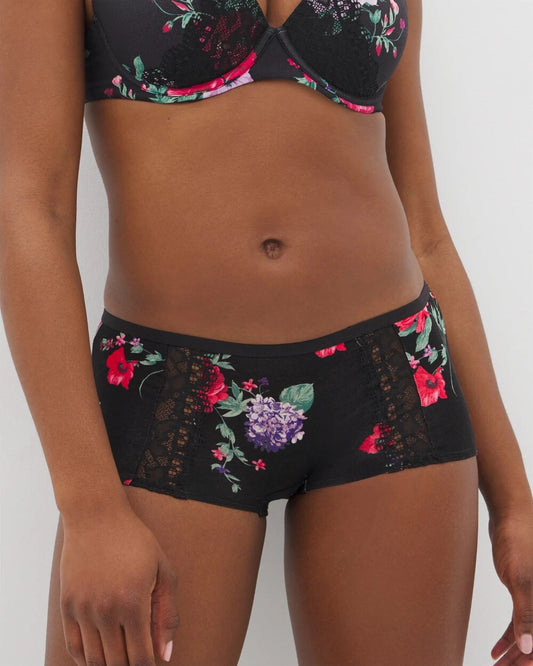 RHAPSODY FLORA MINI BLACK Boyshort Panty with Enchanting Lace