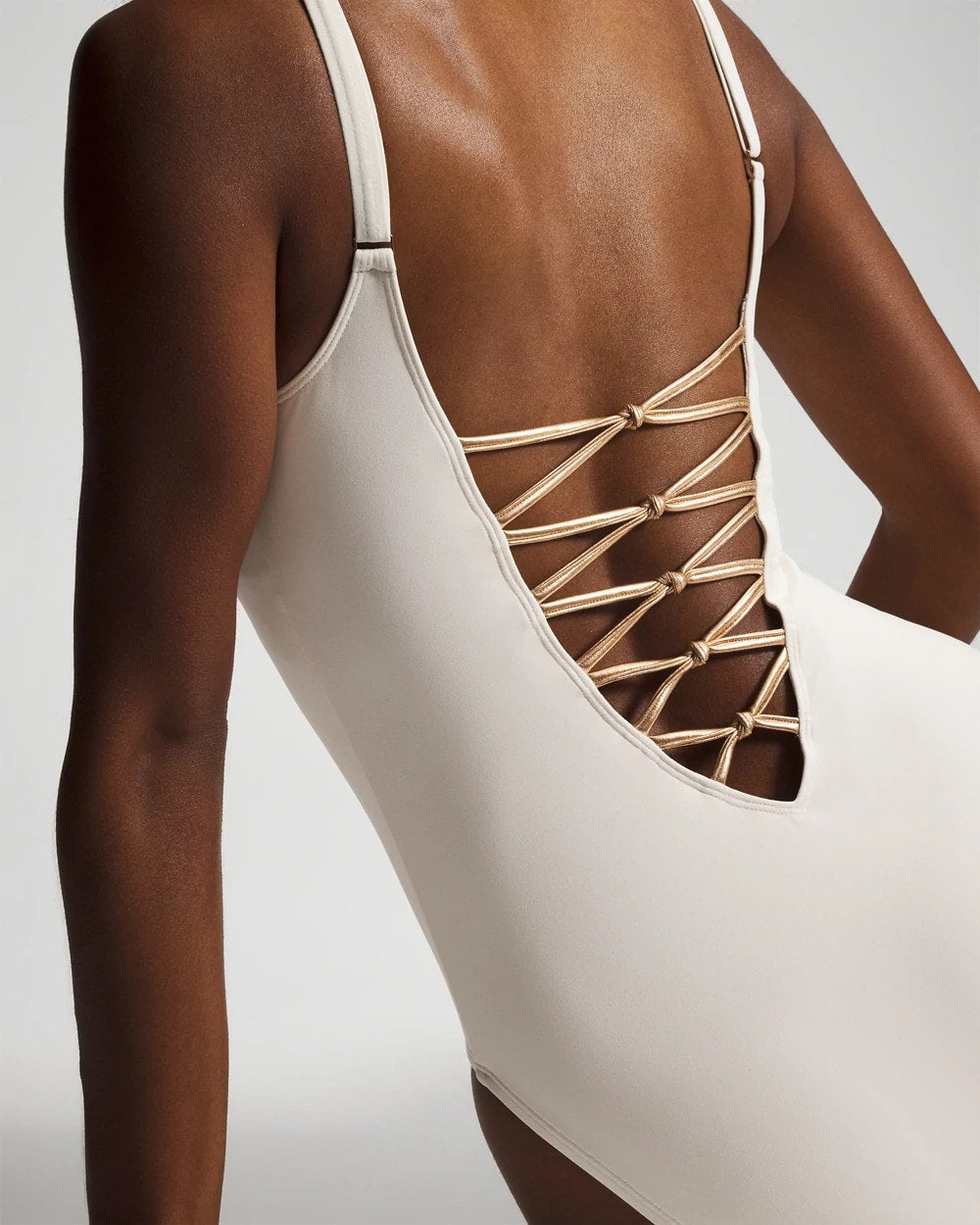 COCONUT/ROSE GOLD Let’s Get Knotty Lace-Down One-Piece Suit