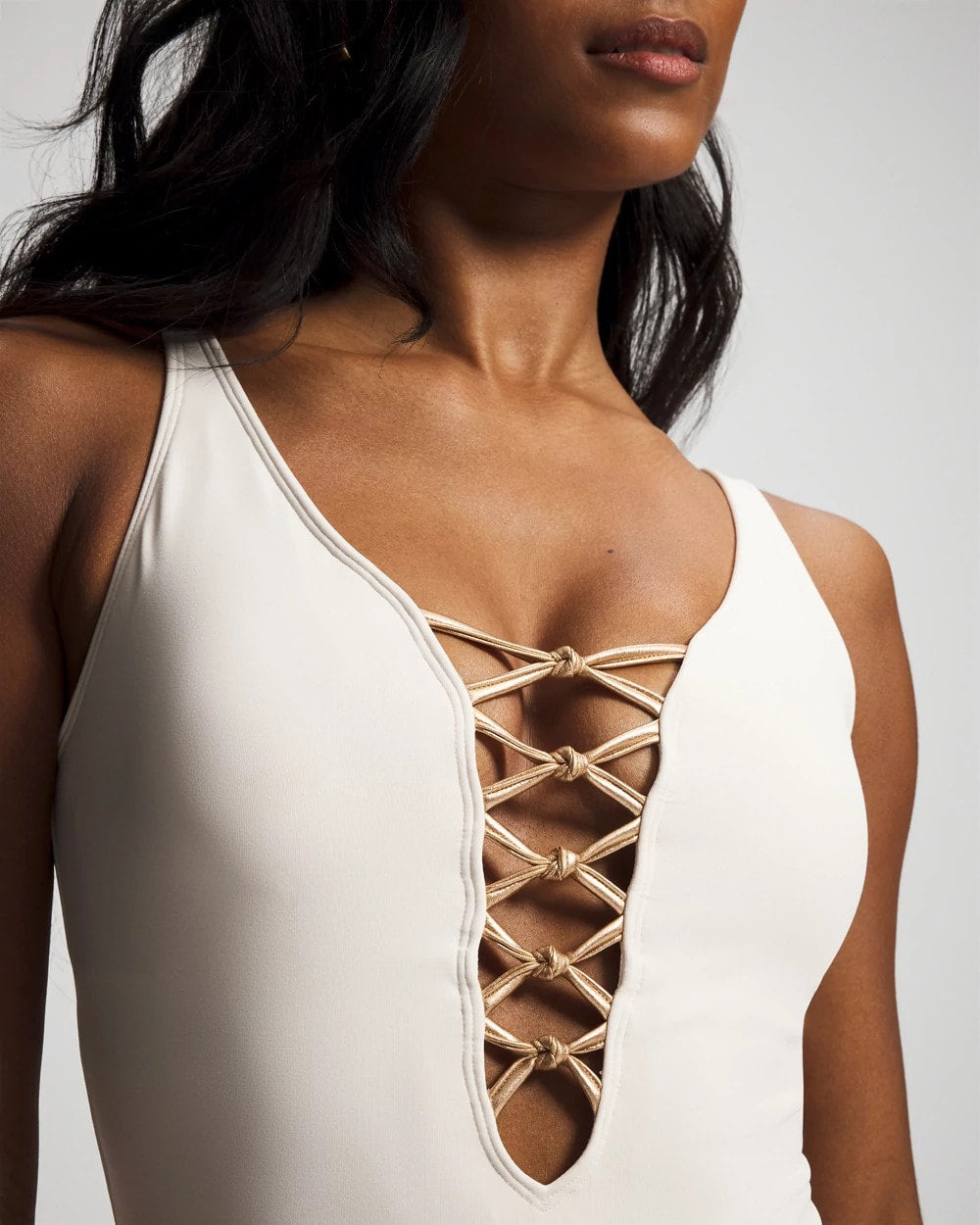 COCONUT/ROSE GOLD Let’s Get Knotty Lace-Down One-Piece Suit