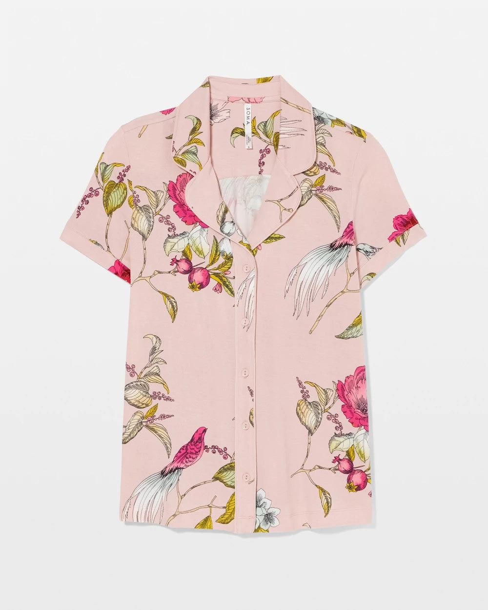 FEATHERED FANCY PINK Printed Short Sleeve Notch Collar